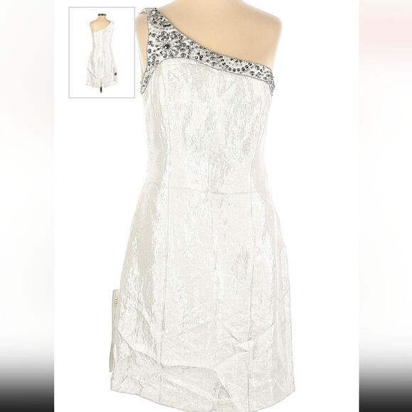 Laundry by Shelli Segal Embellished One Shoulder Satin Ivory White Dress Sz0 NWT - Picture 8 of 12